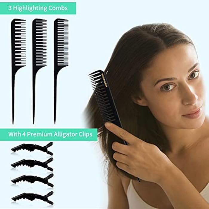 3 Sizes Highlighting Comb Set With Pastel Alligator Clips Weaving Styling With Rat Tail Comb Teasing Hair Color Comb Heat Resistant For Hair Salon Barber Home(PA66 Black) - Image 3